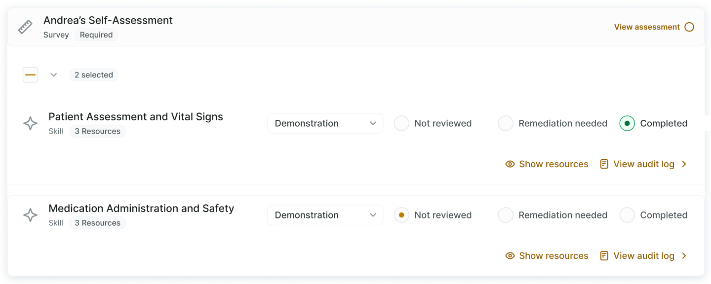 View of the Preceptor view of the Skills tool, showing skills that can be marked as not reviewed, remediation needed, and completed.