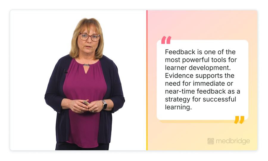 A screenshot showing a person in a purple top and black cardigan, with a quote beside her "Feedback is one of the most powerful tools for learner development. Evidence supports the need for immediate or near-time feedback as a strategy for successful learning."