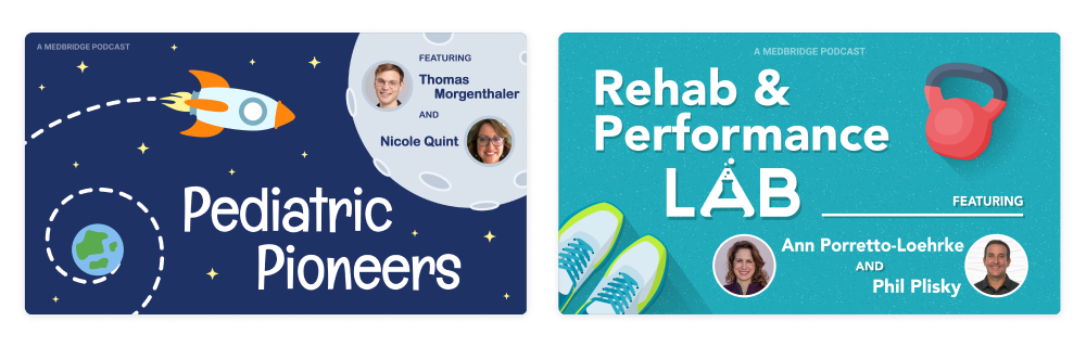 Two side by side title cards for our podcasts, Pediatric Pioneers and Rehab & Performance Lab.