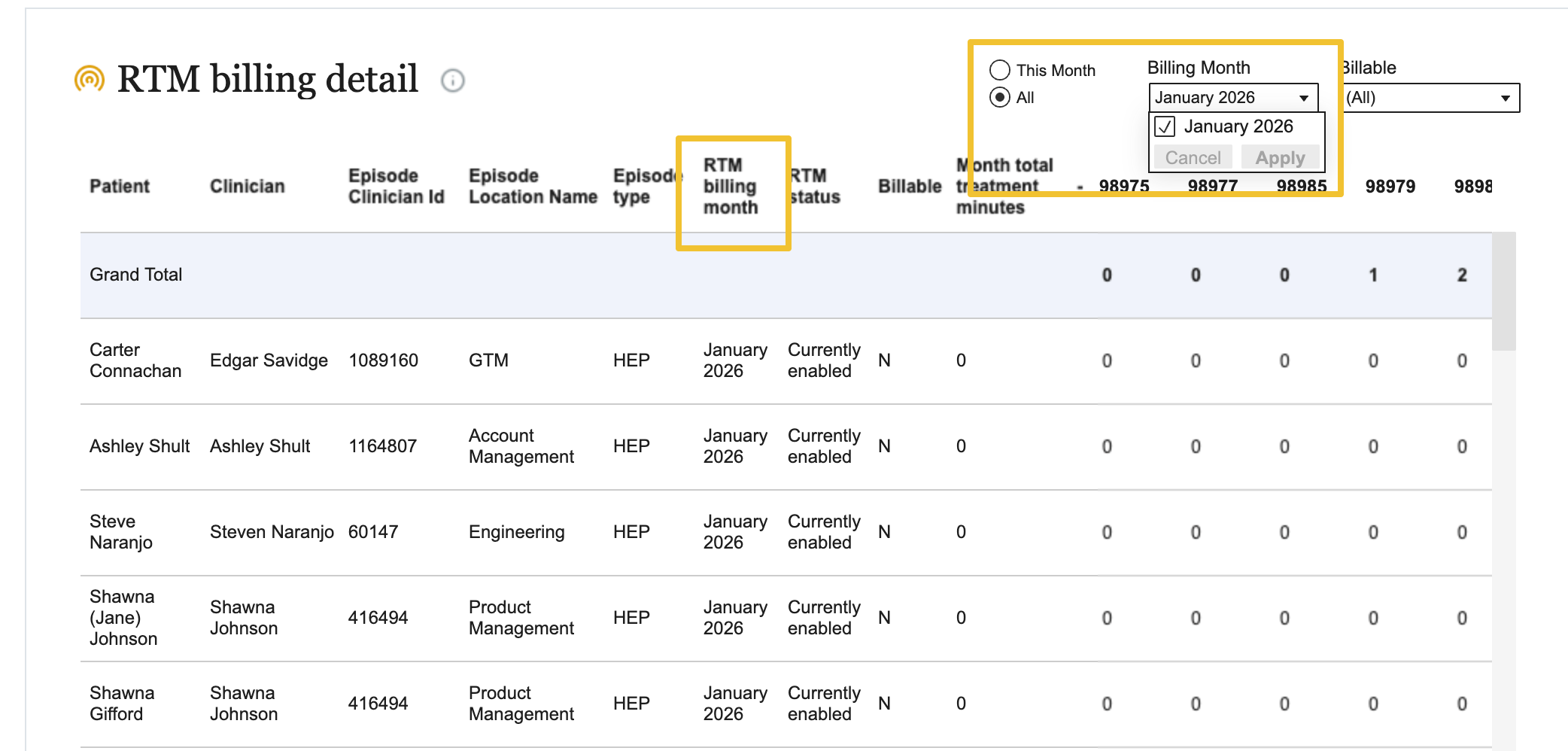 Billing Detail Report filtered to billable episodes for a single month